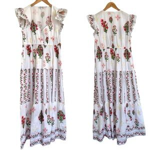Celina Moon Floral White Maxi Dress Short Sleeve Size XL White Pink Yellow Green